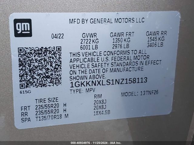 Photo 8 VIN: 1GKKNXLS1NZ158113 - GMC ACADIA 