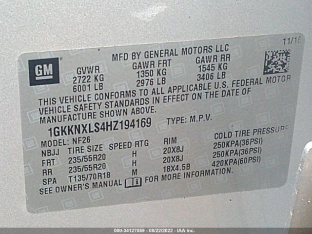 Photo 8 VIN: 1GKKNXLS4HZ194169 - GMC ACADIA 