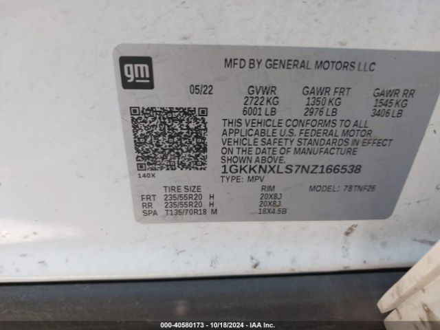 Photo 8 VIN: 1GKKNXLS7NZ166538 - GMC ACADIA 