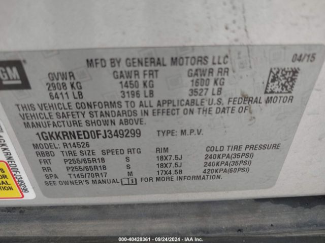 Photo 8 VIN: 1GKKRNED0FJ349299 - GMC ACADIA 