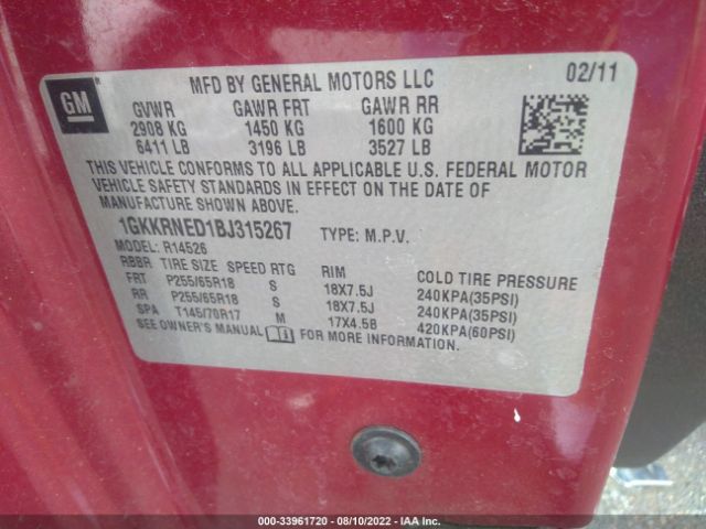 Photo 8 VIN: 1GKKRNED1BJ315267 - GMC ACADIA 