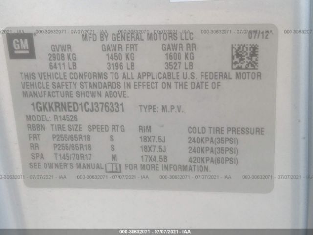 Photo 8 VIN: 1GKKRNED1CJ376331 - GMC ACADIA 