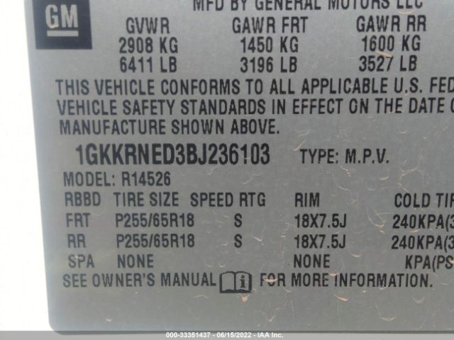 Photo 8 VIN: 1GKKRNED3BJ236103 - GMC ACADIA 