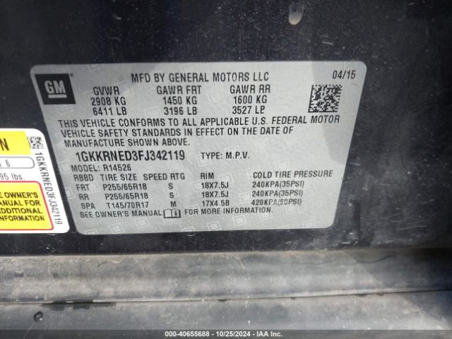 Photo 8 VIN: 1GKKRNED3FJ342119 - GMC ACADIA 