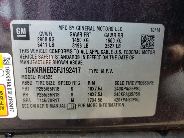 Photo 9 VIN: 1GKKRNED5FJ192417 - GMC ACADIA SLE 