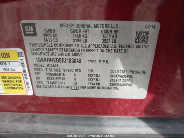 Photo 8 VIN: 1GKKRNED8FJ180049 - GMC ACADIA 