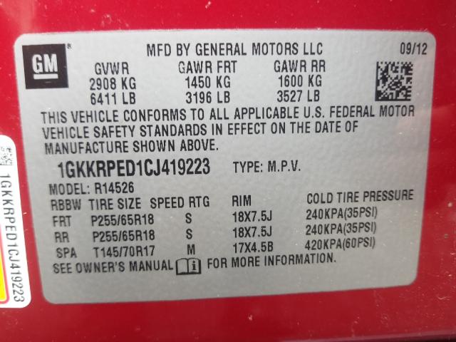 Photo 9 VIN: 1GKKRPED1CJ419223 - GMC ACADIA SLE 