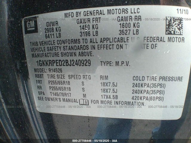 Photo 8 VIN: 1GKKRPED2BJ240929 - GMC ACADIA 