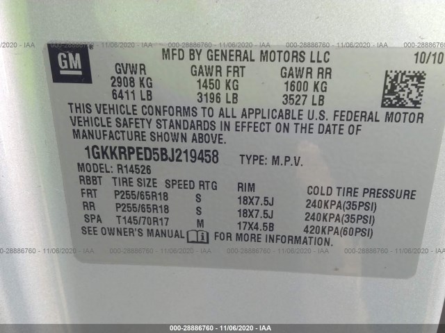 Photo 8 VIN: 1GKKRPED5BJ219458 - GMC ACADIA 