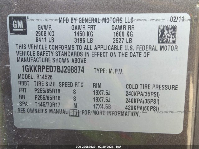 Photo 8 VIN: 1GKKRPED7BJ298874 - GMC ACADIA 