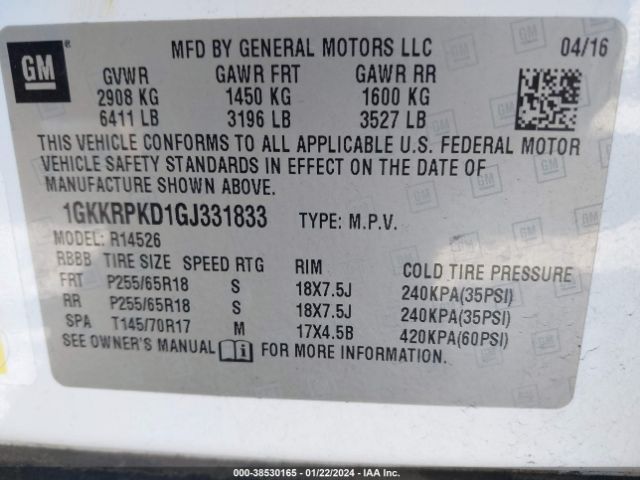 Photo 8 VIN: 1GKKRPKD1GJ331833 - GMC ACADIA 