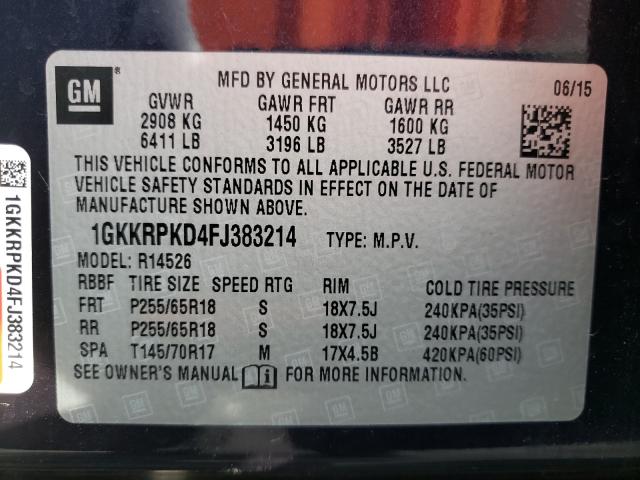 Photo 9 VIN: 1GKKRPKD4FJ383214 - GMC ACADIA SLE 