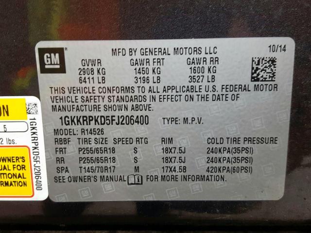 Photo 9 VIN: 1GKKRPKD5FJ206400 - GMC ACADIA SLE 