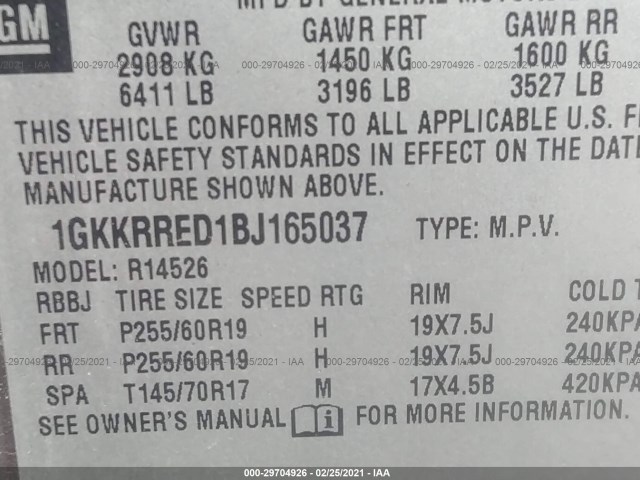 Photo 8 VIN: 1GKKRRED1BJ165037 - GMC ACADIA 