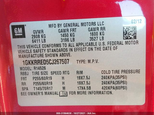 Photo 8 VIN: 1GKKRRED5CJ267507 - GMC ACADIA 