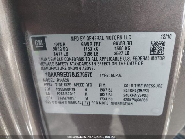 Photo 8 VIN: 1GKKRRED7BJ270570 - GMC ACADIA 