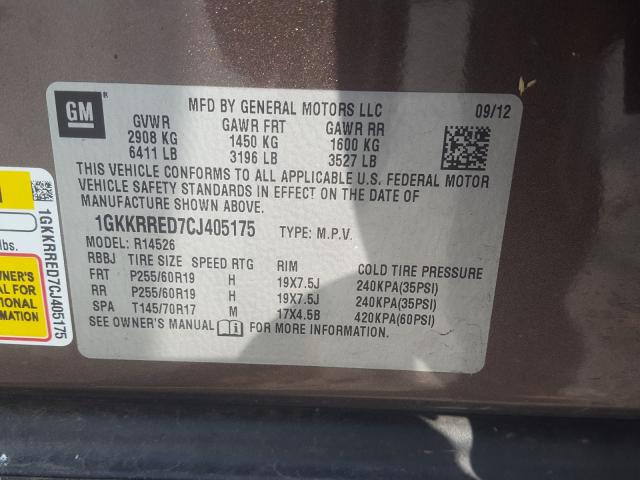 Photo 9 VIN: 1GKKRRED7CJ405175 - GMC ACADIA SLT 