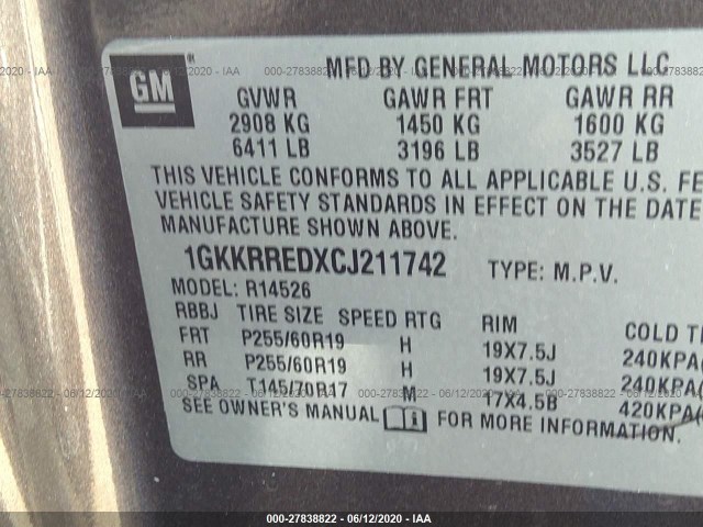 Photo 8 VIN: 1GKKRREDXCJ211742 - GMC ACADIA 