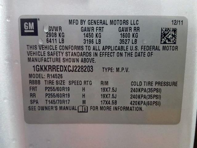 Photo 9 VIN: 1GKKRREDXCJ228203 - GMC ACADIA SLT 