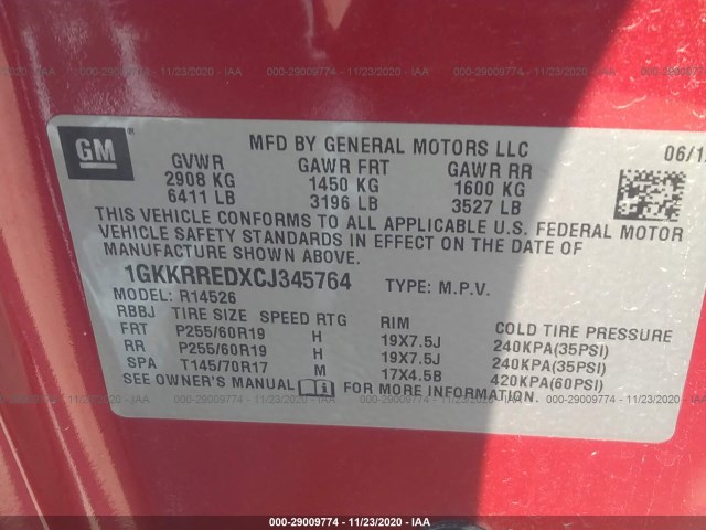 Photo 8 VIN: 1GKKRREDXCJ345764 - GMC ACADIA 