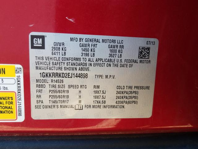 Photo 9 VIN: 1GKKRRKD2EJ144898 - GMC ACADIA SLT 