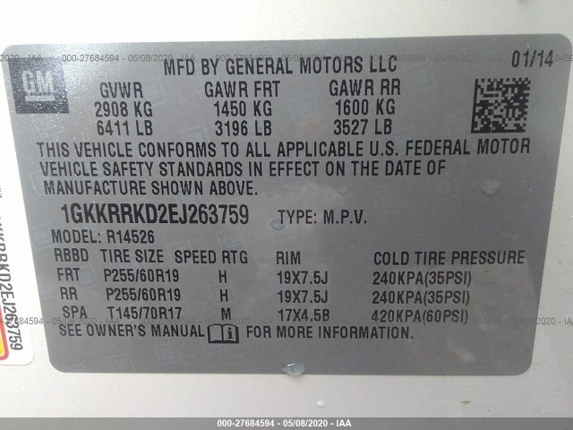 Photo 8 VIN: 1GKKRRKD2EJ263759 - GMC ACADIA 