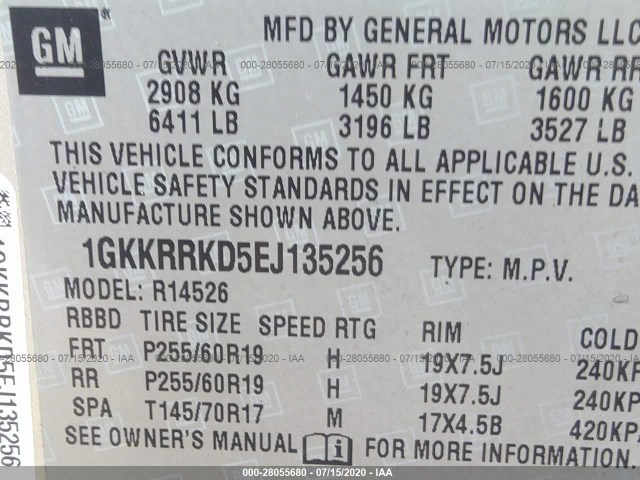 Photo 8 VIN: 1GKKRRKD5EJ135256 - GMC ACADIA 