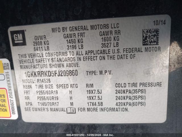 Photo 8 VIN: 1GKKRRKD5FJ209860 - GMC ACADIA 