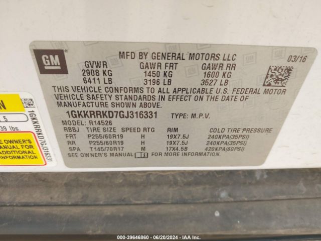 Photo 8 VIN: 1GKKRRKD7GJ316331 - GMC ACADIA 