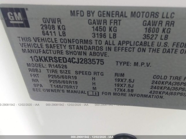 Photo 8 VIN: 1GKKRSED4CJ283575 - GMC ACADIA 