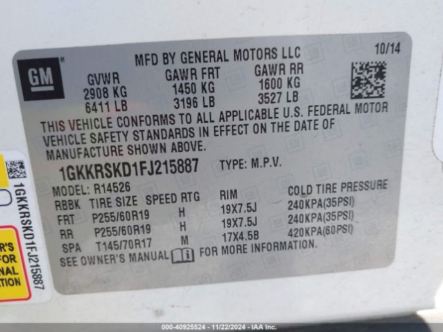 Photo 8 VIN: 1GKKRSKD1FJ215887 - GMC ACADIA 