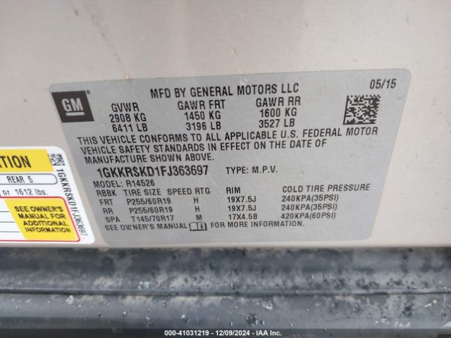 Photo 8 VIN: 1GKKRSKD1FJ363697 - GMC ACADIA 