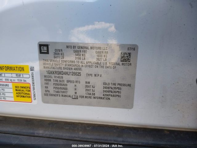 Photo 8 VIN: 1GKKRSKD4HJ126625 - GMC ACADIA 