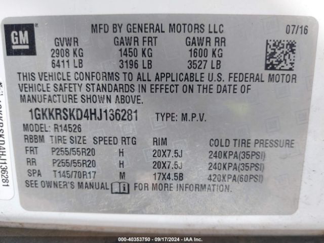 Photo 8 VIN: 1GKKRSKD4HJ136281 - GMC ACADIA 