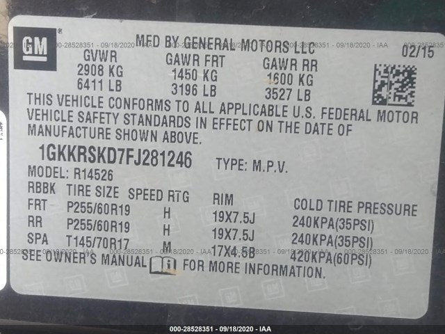 Photo 8 VIN: 1GKKRSKD7FJ281246 - GMC ACADIA 