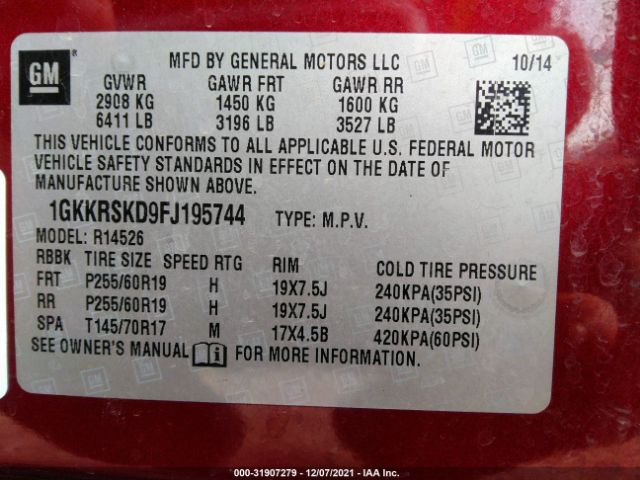 Photo 8 VIN: 1GKKRSKD9FJ195744 - GMC ACADIA 