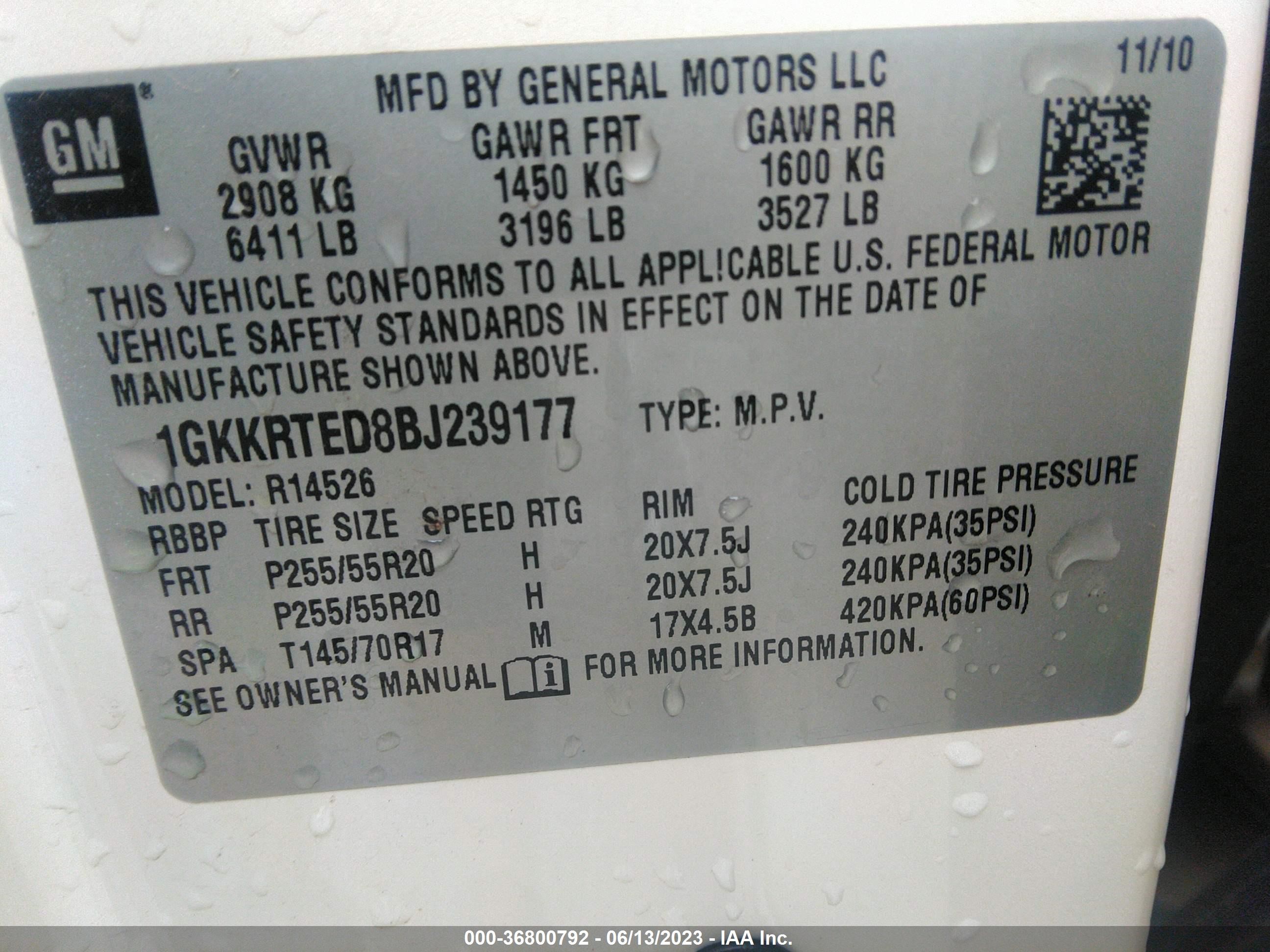 Photo 8 VIN: 1GKKRTED8BJ239177 - GMC ACADIA 