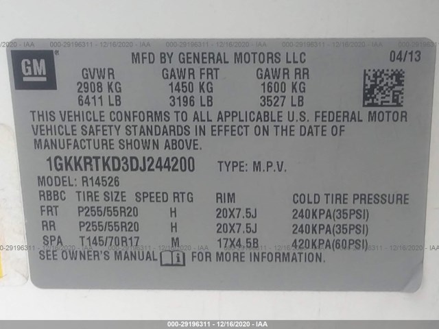 Photo 8 VIN: 1GKKRTKD3DJ244200 - GMC ACADIA 