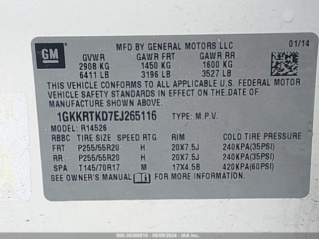 Photo 8 VIN: 1GKKRTKD7EJ265116 - GMC ACADIA 