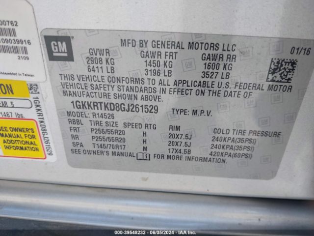 Photo 8 VIN: 1GKKRTKD8GJ261529 - GMC ACADIA 