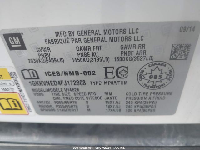 Photo 8 VIN: 1GKKVNED4FJ172803 - GMC ACADIA 