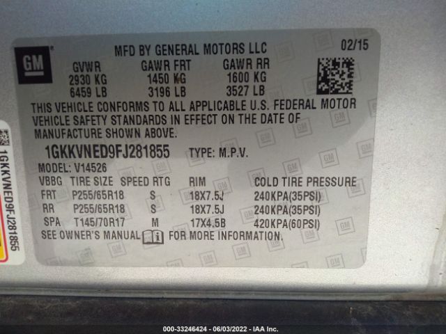 Photo 8 VIN: 1GKKVNED9FJ281855 - GMC ACADIA 