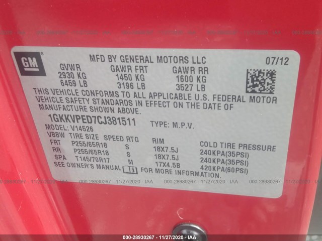 Photo 8 VIN: 1GKKVPED7CJ381511 - GMC ACADIA 