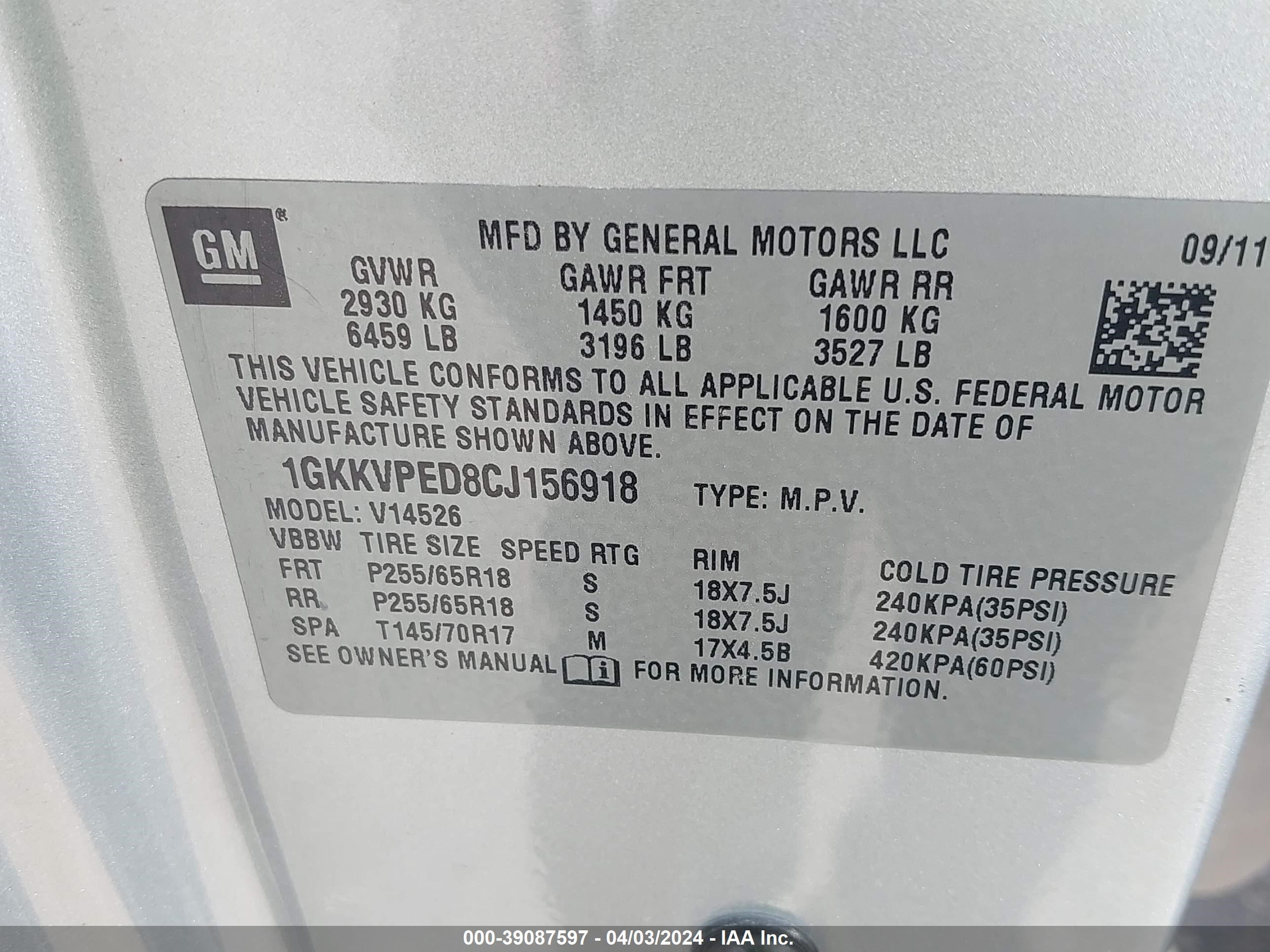 Photo 8 VIN: 1GKKVPED8CJ156918 - GMC ACADIA 