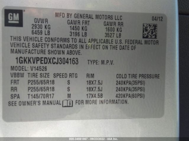 Photo 8 VIN: 1GKKVPEDXCJ304163 - GMC ACADIA 