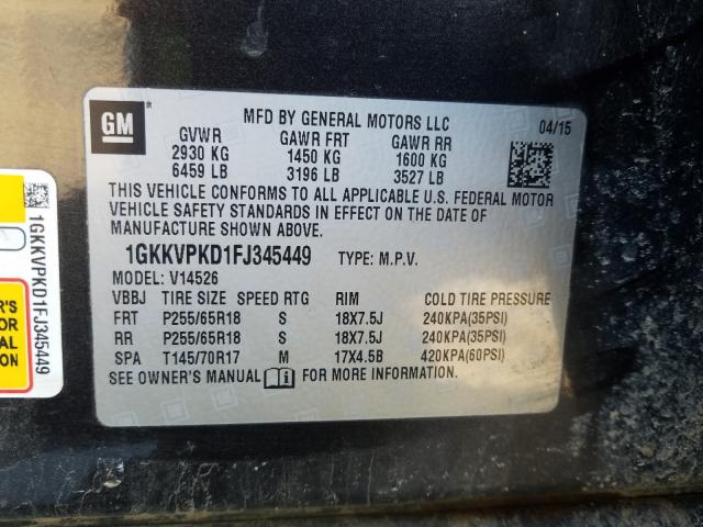 Photo 9 VIN: 1GKKVPKD1FJ345449 - GMC ACADIA SLE 