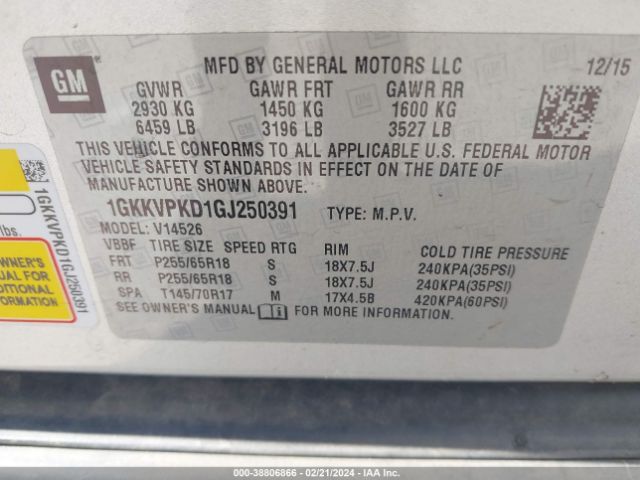 Photo 8 VIN: 1GKKVPKD1GJ250391 - GMC ACADIA 