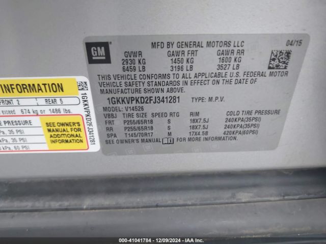 Photo 8 VIN: 1GKKVPKD2FJ341281 - GMC ACADIA 