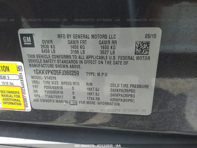 Photo 8 VIN: 1GKKVPKD5FJ360259 - GMC ACADIA 