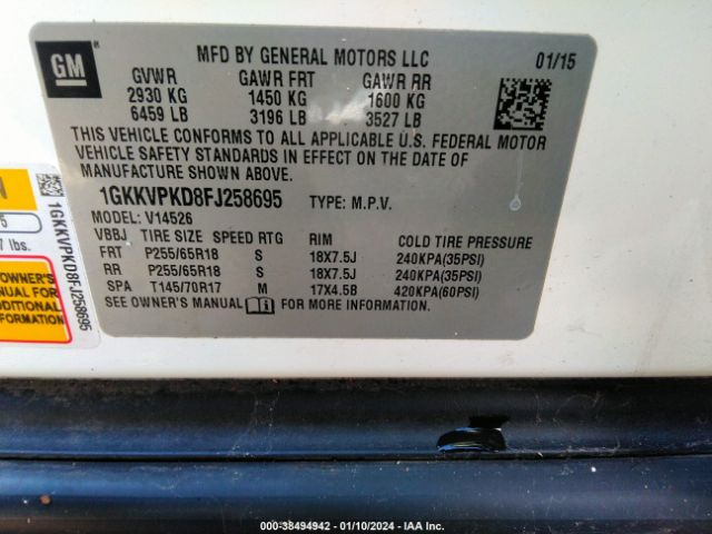 Photo 8 VIN: 1GKKVPKD8FJ258695 - GMC ACADIA 